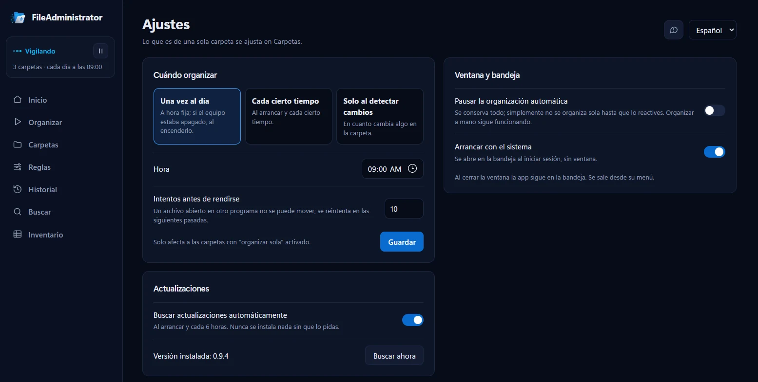 FileAdministrator settings: when to organize, system tray and updates
