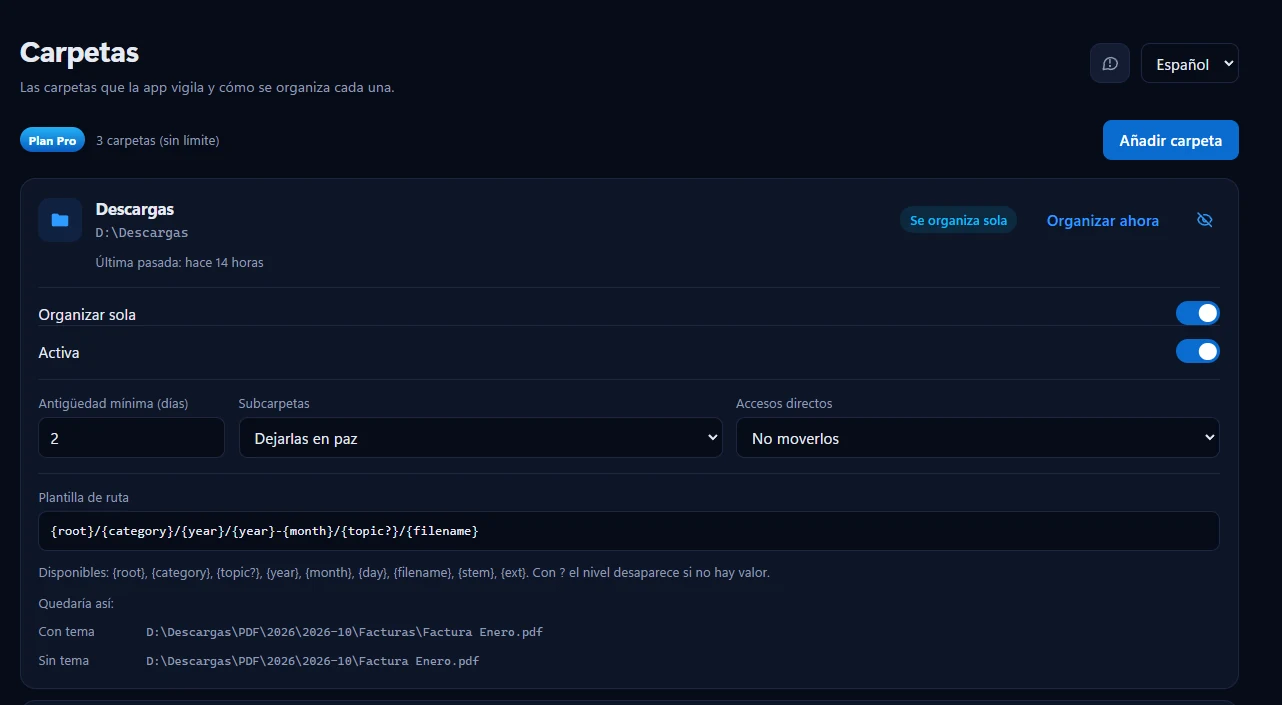 Settings of a watched folder in FileAdministrator with the path template and its preview