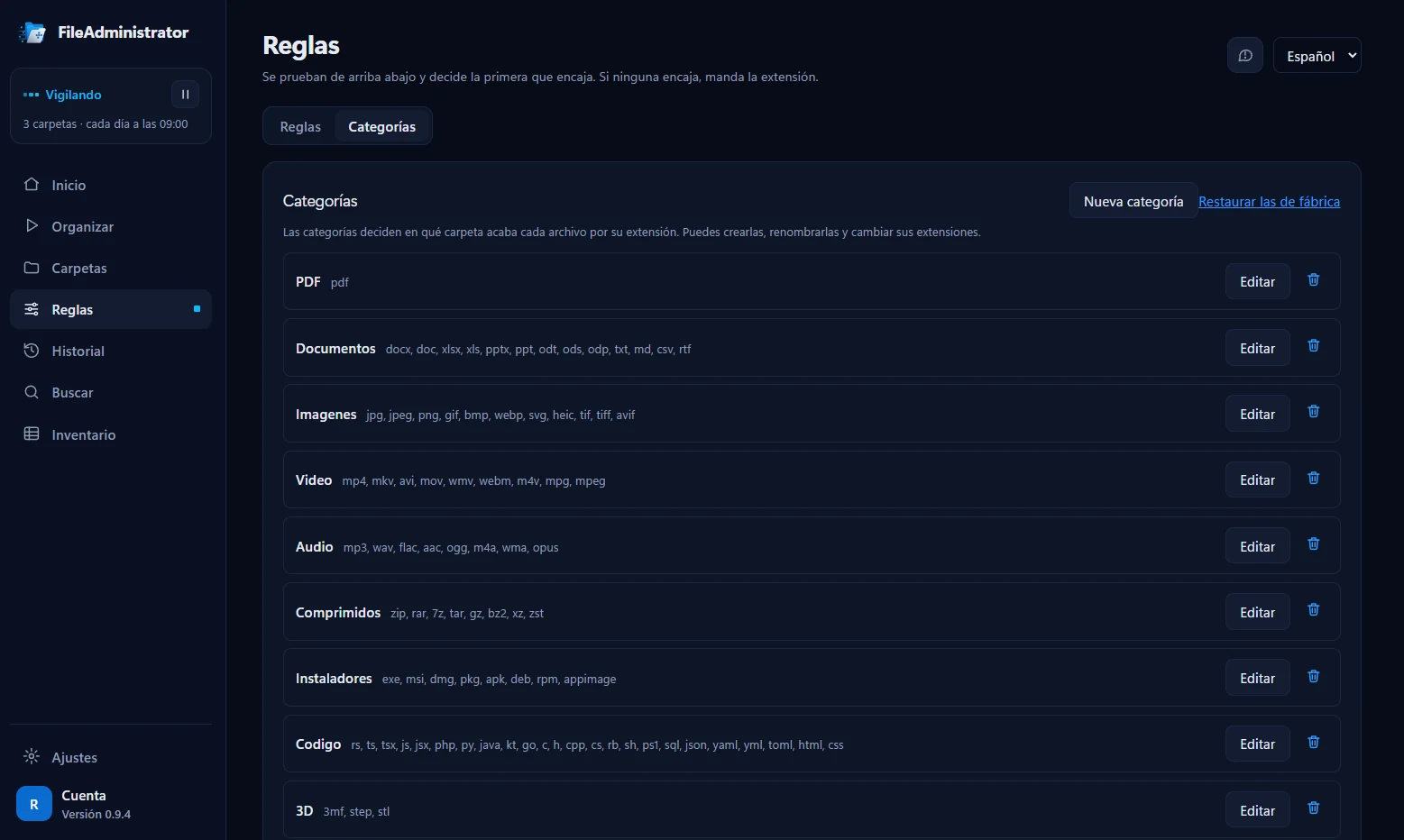FileAdministrator categories: PDF, Documents, Images, Video, Audio and more, each with its extensions