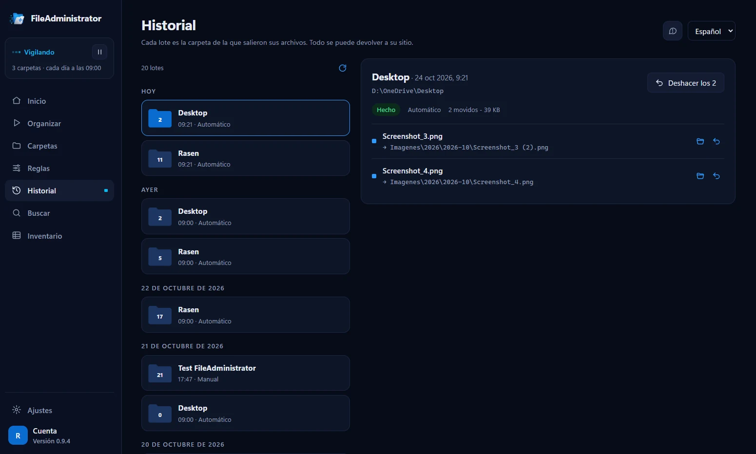 FileAdministrator history: batches per folder with a button to undo each move